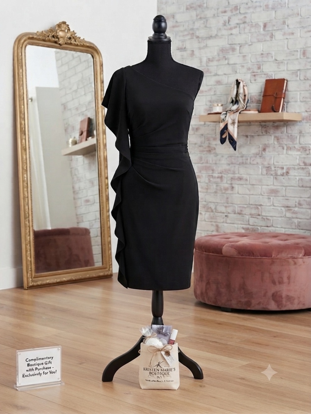 NWOT White House Black Market Elegant Ruffled Midi Dress-00 & Beauty Gift Bag 🎁